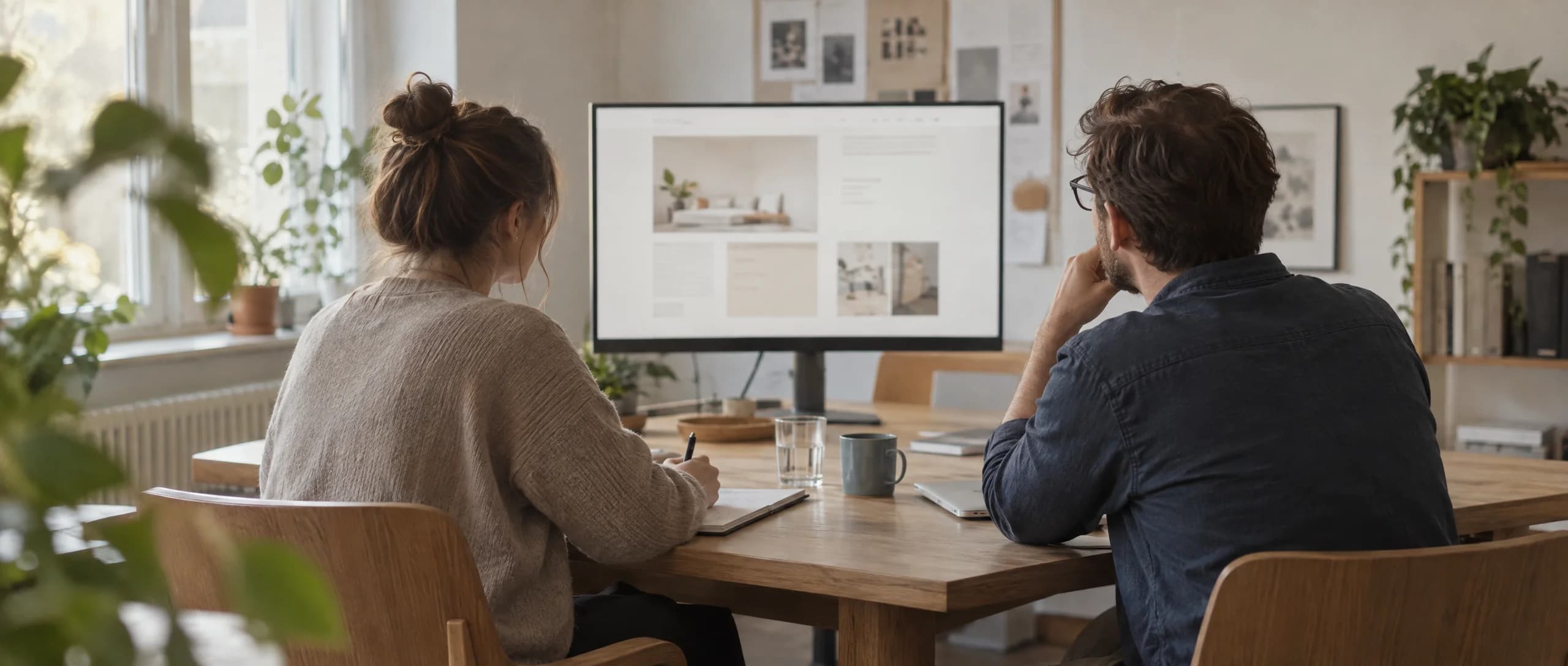 Besprechung vor einem Bildschirm mit einem Website-Entwurf