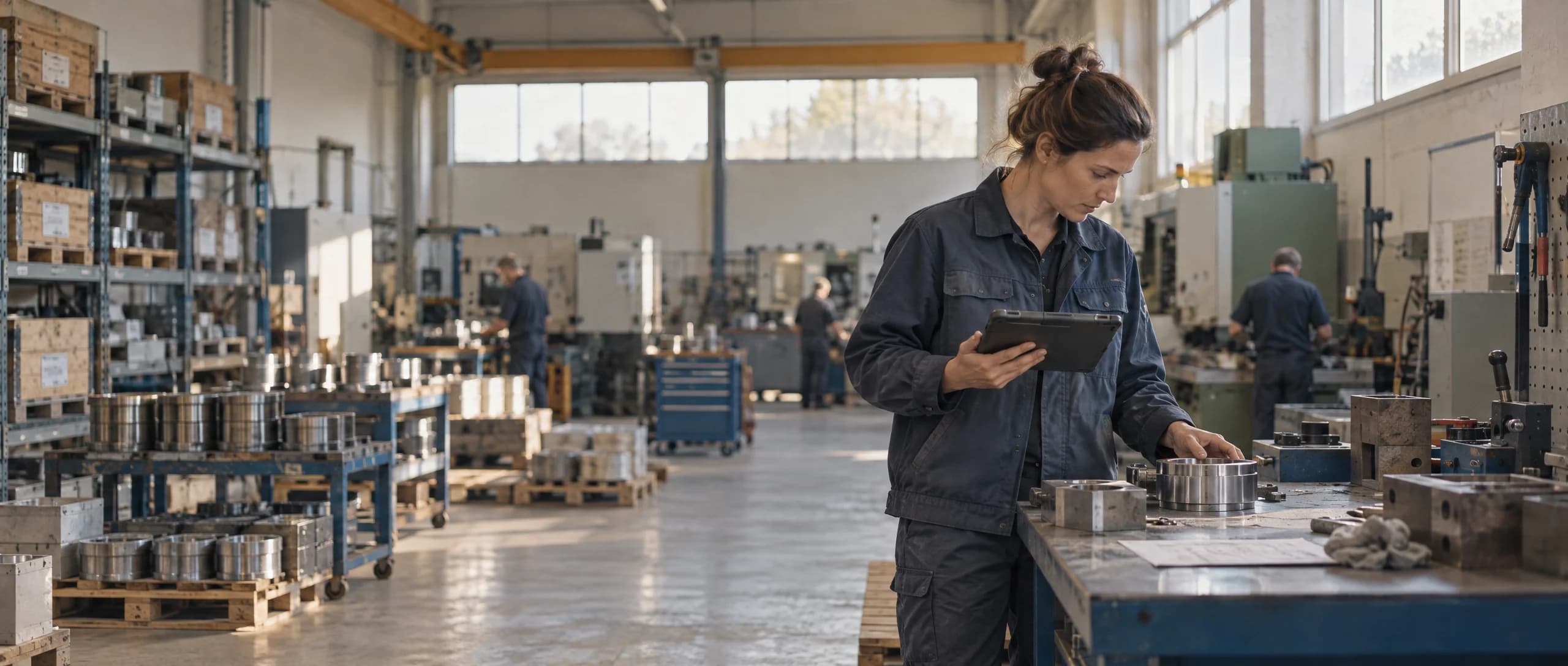 Mitarbeiterin in einer Produktionshalle prüft ein Werkstück und erfasst es auf dem Tablet