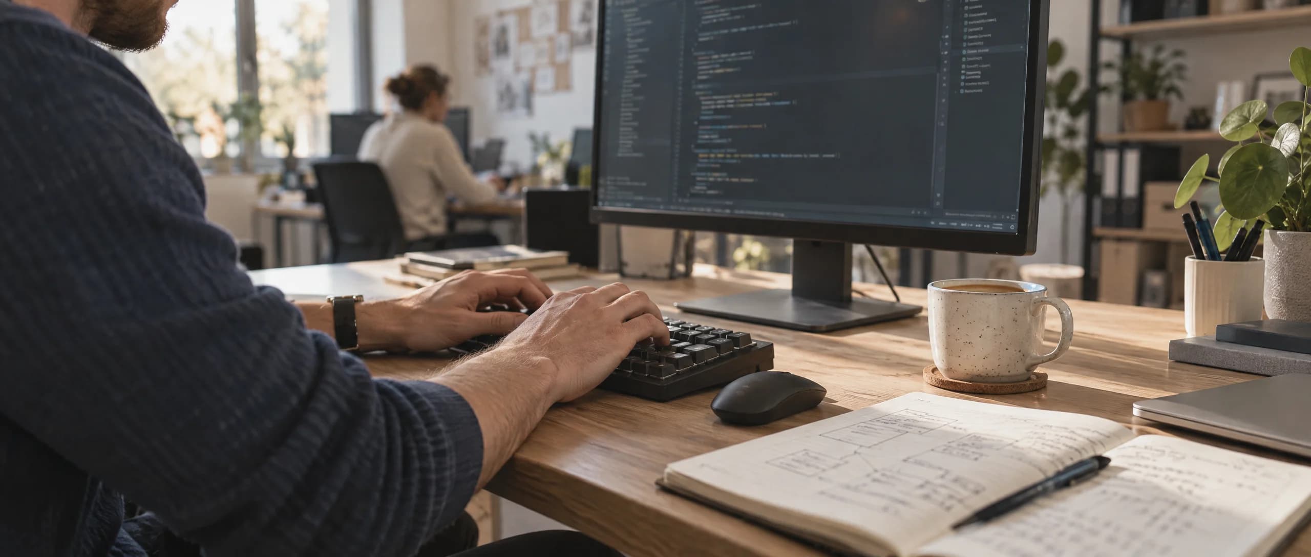 Arbeitsplatz der Entwicklung: Notizbuch, Tastatur und ein Bildschirm mit Quelltext